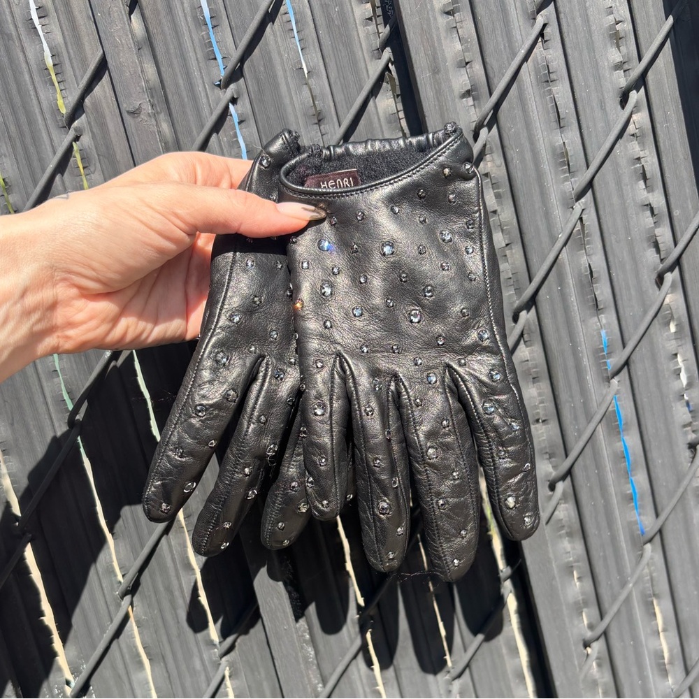 RARE- Henri Bendel Rhinestone Studded Leather and Cashmere Gloves